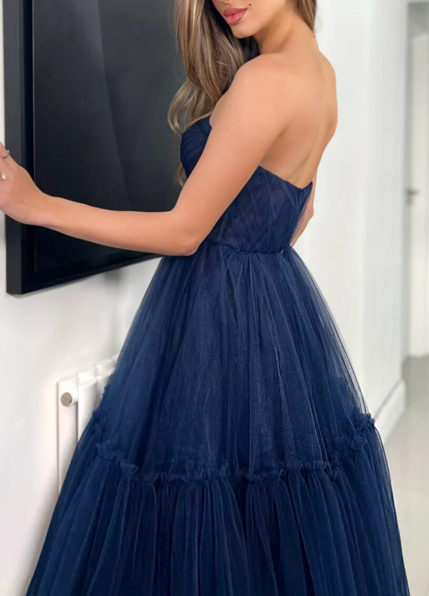 Strapless Tulle A-Line Tea-Length Blue Homecoming Dresses - Image 4