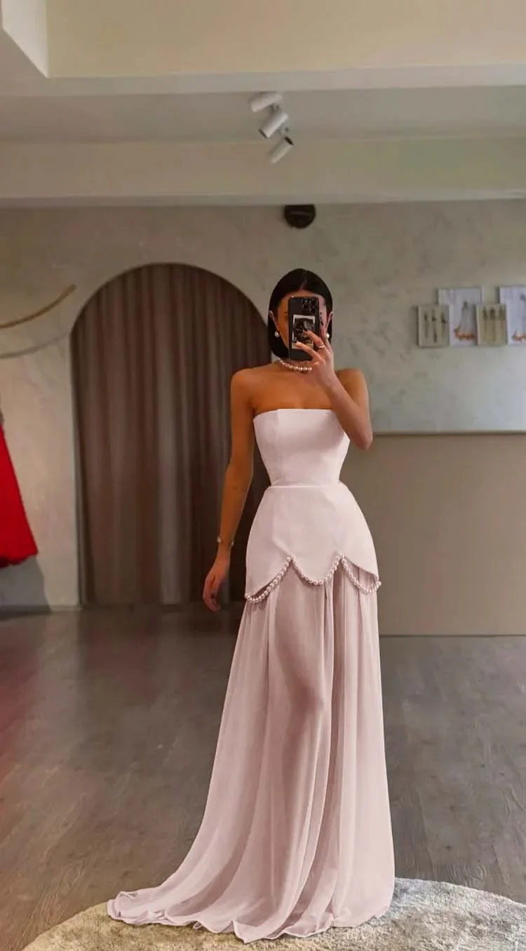 Strapless Unique Sleeveless Pearls A-line Floor length Prom Dresses - Image 2