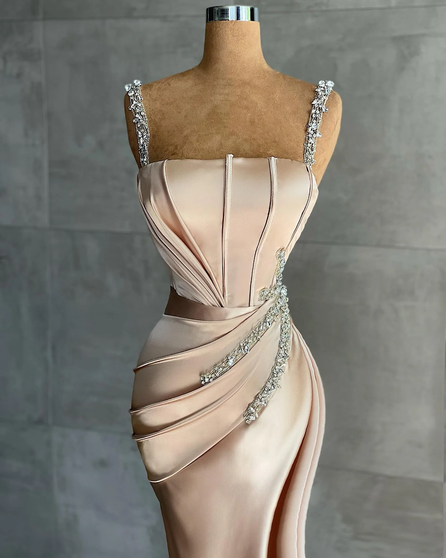 Straps Beadings Long Mermaid Prom Dress Split Evening Gowns - Image 2
