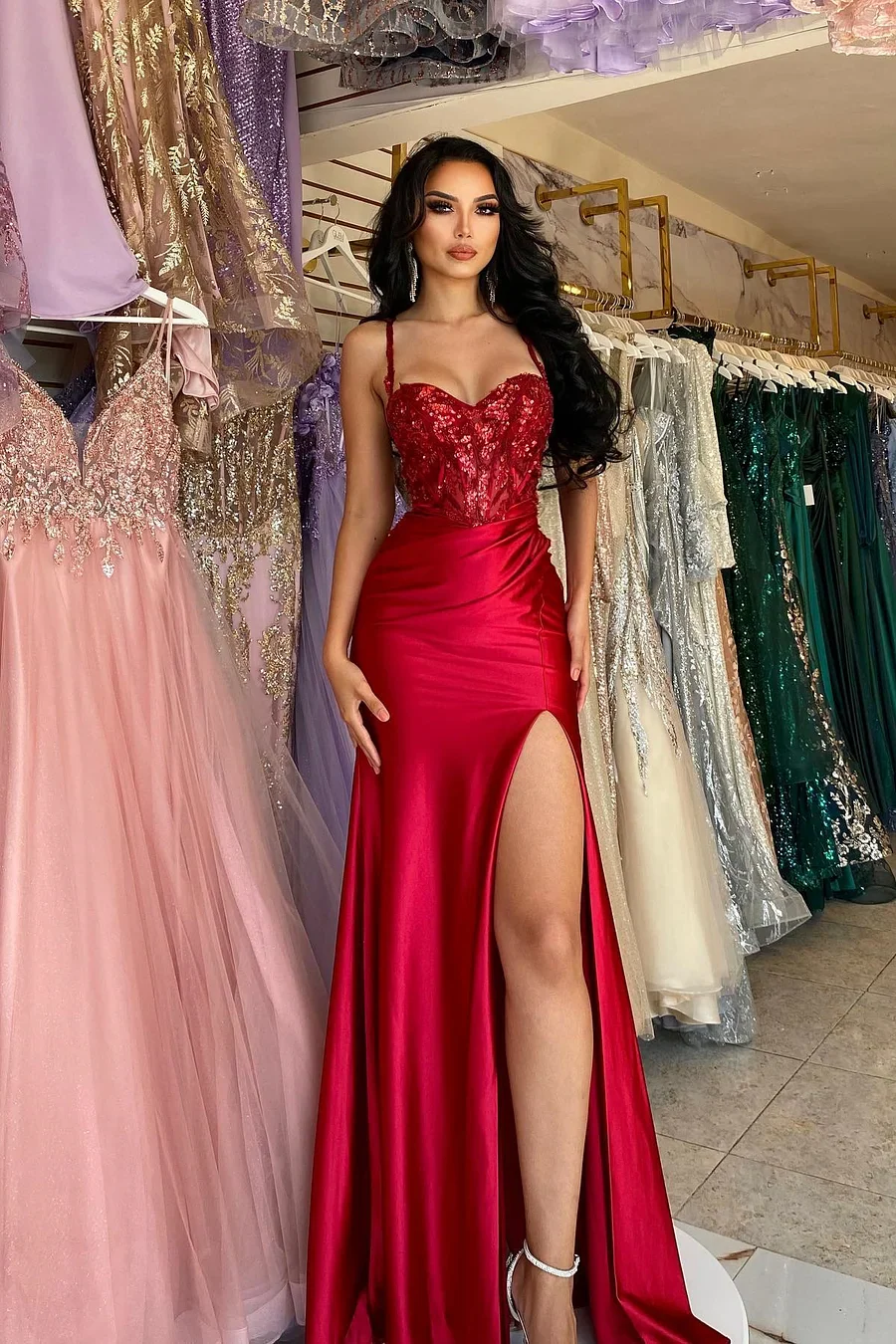 Straps Burgundy Sweetheart High Split A-line Floor length Prom Dresses - Image 4