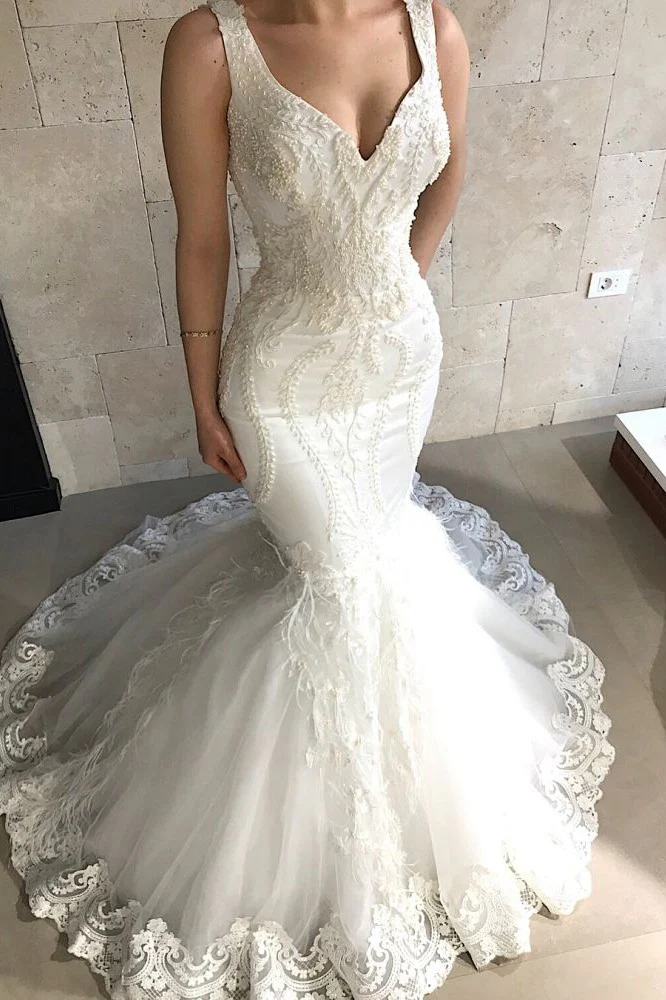 Straps Fit and Flare Beads Appliques Wedding Dresses Sleeveless Tulle Lace Bridal Gowns - Image 2