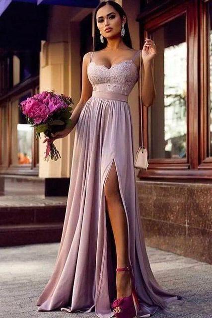 Straps Lace Slit Prom Party Gowns| Sleeveless Lavender Long Formal Chic Evening Gown - Image 2