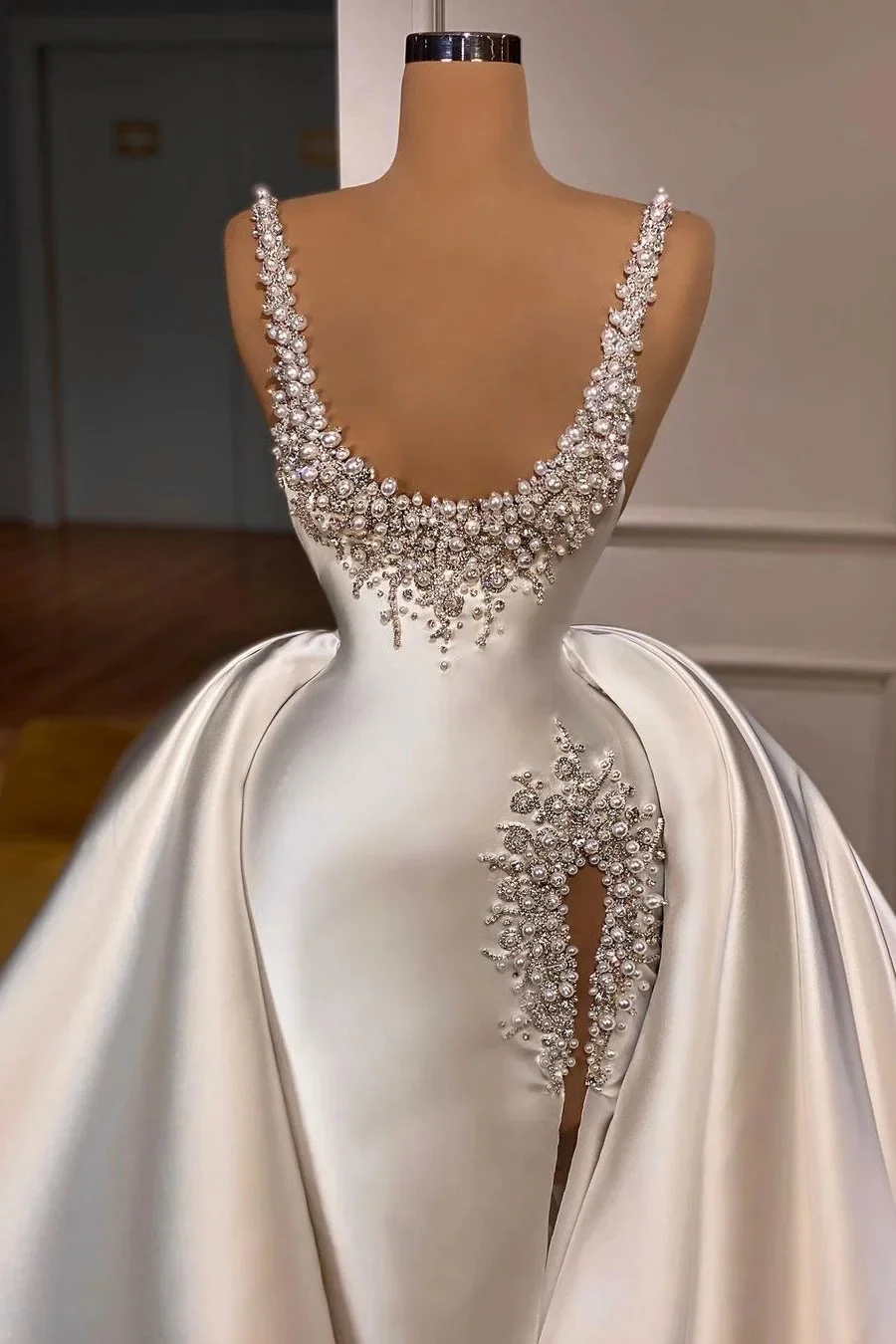 Straps Pearls Beaded Hot Mermaid High Split Wedding Dresses with Overskirt - Image 2