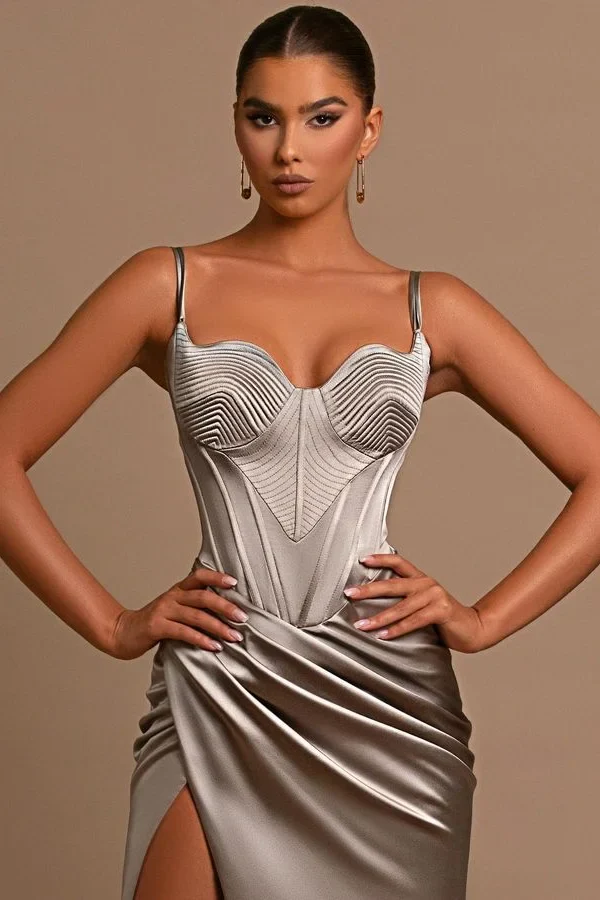 Straps Silver Mermaid High Split Floor length Sleeveless Prom Dresses - Image 5