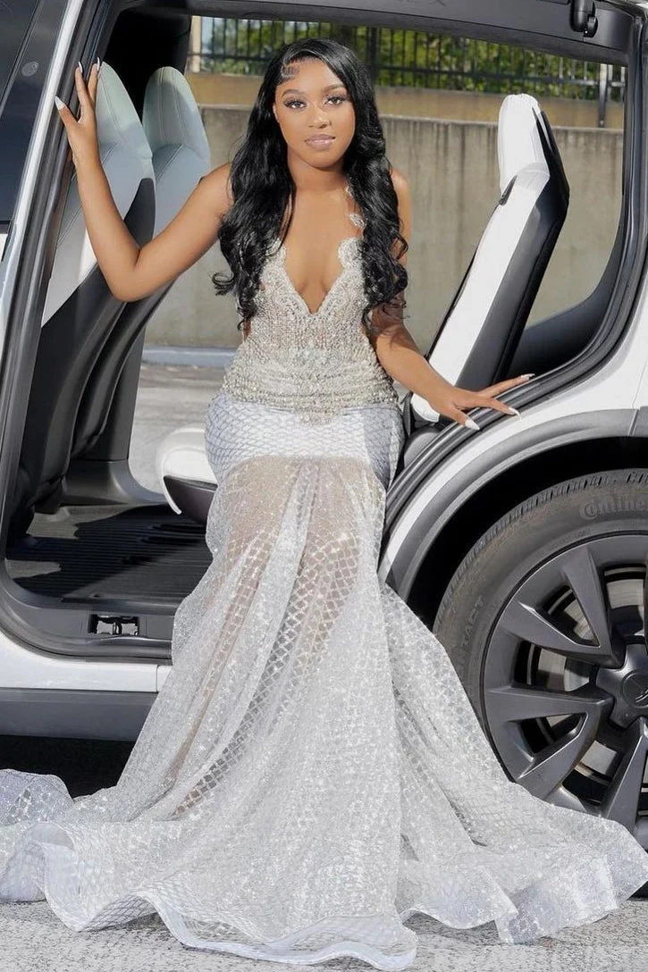 Straps V-neck Silver Beaded Mermaid Sparkle Prom Dresses - Image 2