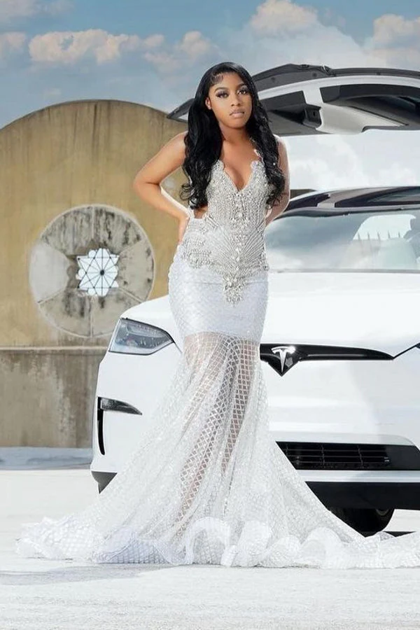 Straps V-neck Silver Beaded Mermaid Sparkle Prom Dresses - Image 3