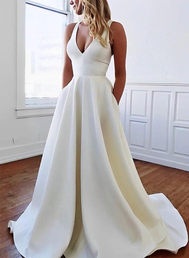 Stretch Crepe Sleeveless V-neck Wedding Dress Chic A-line Silhouette Ruffles Sweep Train - Image 2