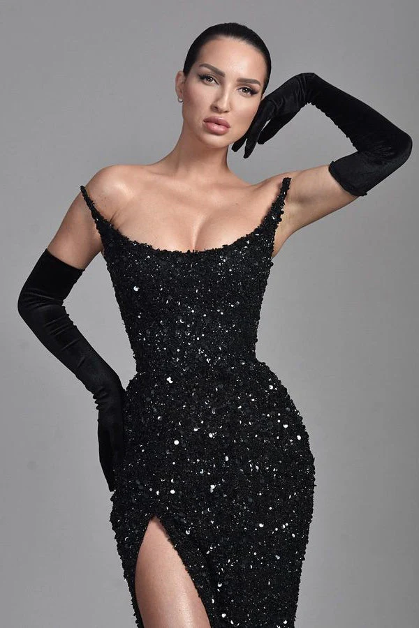 Stunning Black Straples Prom Dress Mermaid Long With Sequins Beads - Image 2