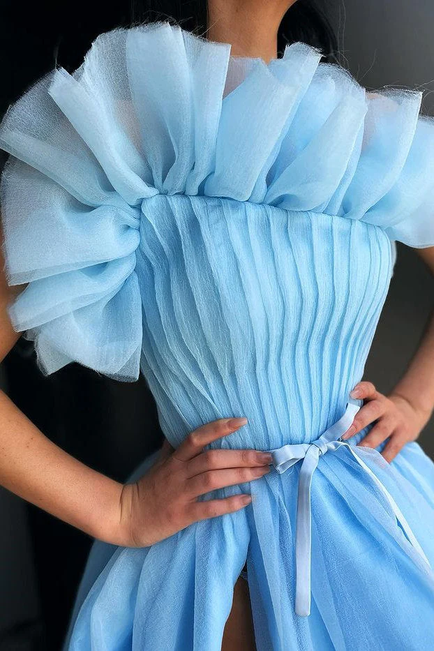 Stunning Blue A-line Side-cut Tulle Floor-length Prom Dress - Image 2