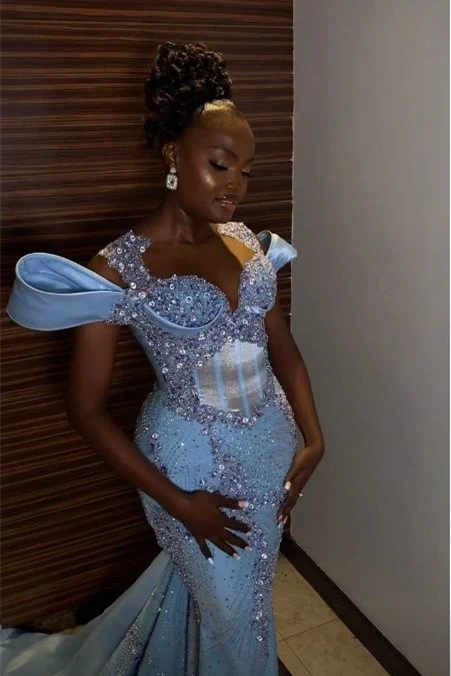 Stunning Off the shoulder Blue Mermaid Beaded Floor length Prom Dresses - Image 2