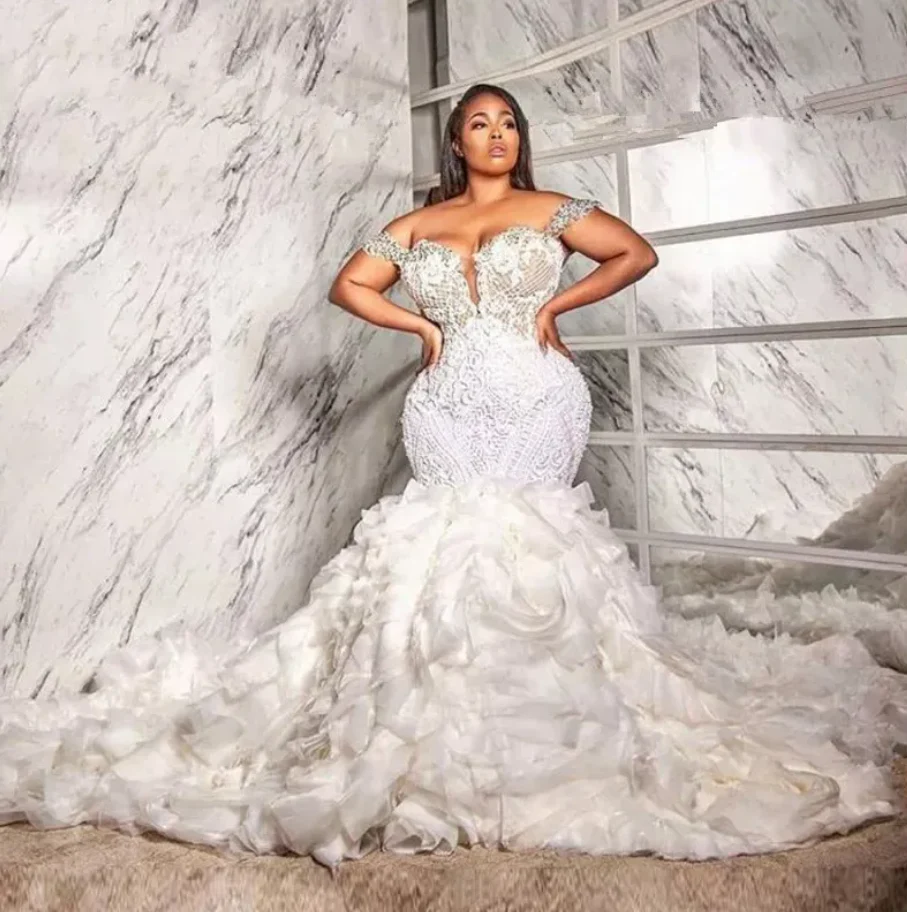 Stunning Off-the-Shoulder Mermaid Wedding Dress Lace Appliques With Ruffle - Image 2