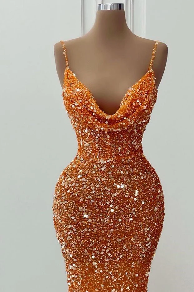 Stunning Orange Spaghetti-Straps Prom Dress Mermaid Sequins Sleeveless - Image 2