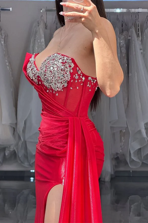 Stunning Red Sweetheart Mermaid Beadings Sheath Prom Dresses With High Slit Ruffle - Image 3
