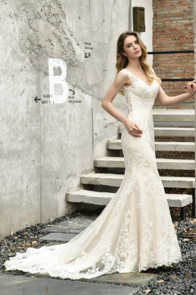 Stunning Sleeveless Fit and flare Lace Open Back Summer Beach Wedding Dress - Image 7