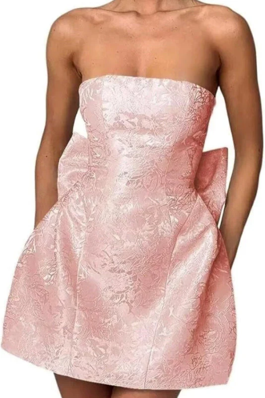 Stunning Sleeveless Ruched Satin Floral Jacquard Mini Homecoming Dress with Bow - Image 11