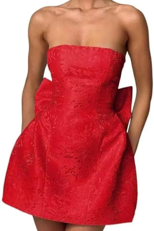Stunning Sleeveless Ruched Satin Floral Jacquard Mini Homecoming Dress with Bow - Image 12