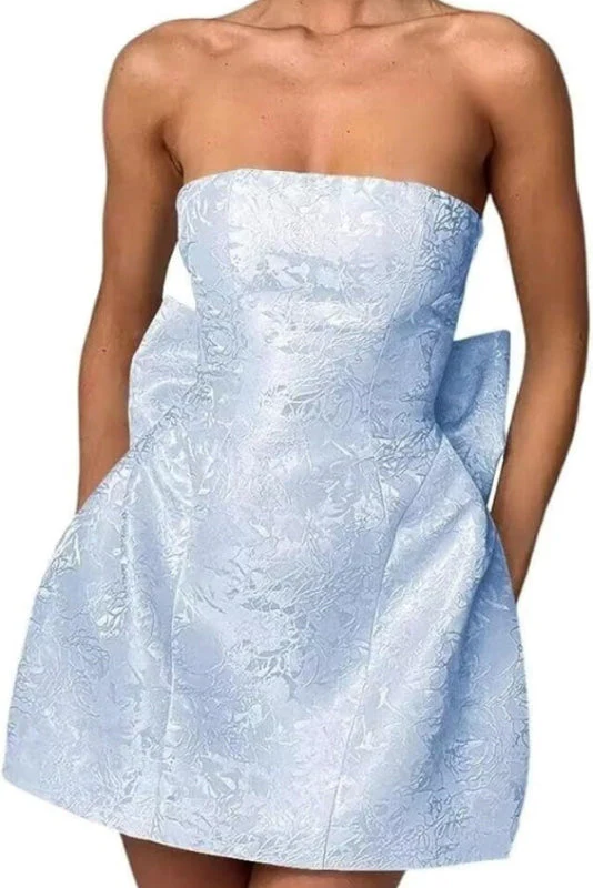 Stunning Sleeveless Ruched Satin Floral Jacquard Mini Homecoming Dress with Bow - Image 14