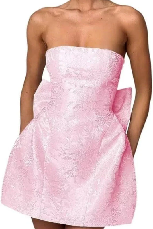 Stunning Sleeveless Ruched Satin Floral Jacquard Mini Homecoming Dress with Bow - Image 7