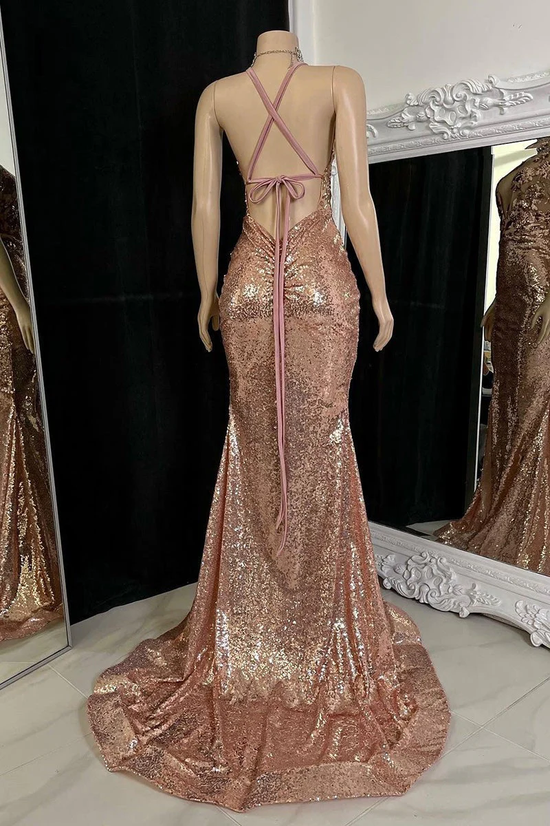 Stunning V-Neck Sleeveless Prom Dresses Mermaid Sequins With Split - Image 2
