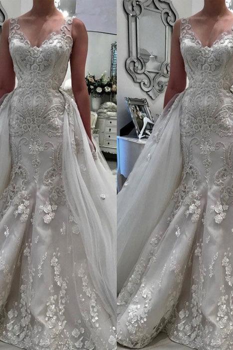 Stunning V Neck Sleeveless Ruffless Lace Appliques Wedding Bridal Gowns - Image 2