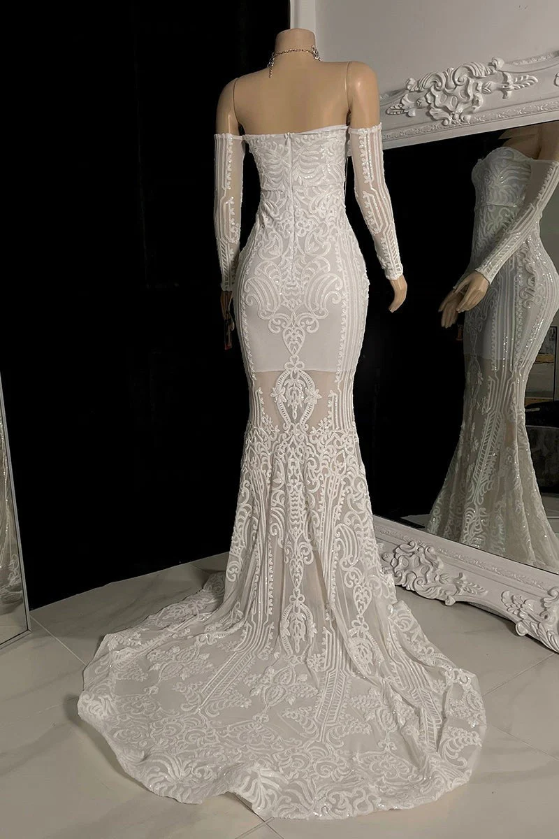 Stunning White Long Sleeves Mermaid Prom Dresses Off-the-Shoulder Long - Image 2