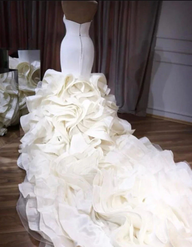 Stunning White Strapless Ruffles Long Train Mermaid Wedding dresses - Image 2