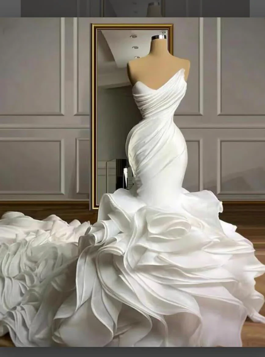 Stunning White Strapless Ruffles Long Train Mermaid Wedding dresses - Image 3