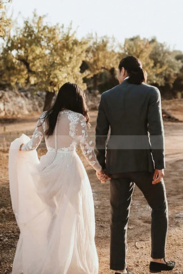 Stylish Long Sleevess Aline Wedding Dress Chiffon Bridal Gown Floor Length - Image 3