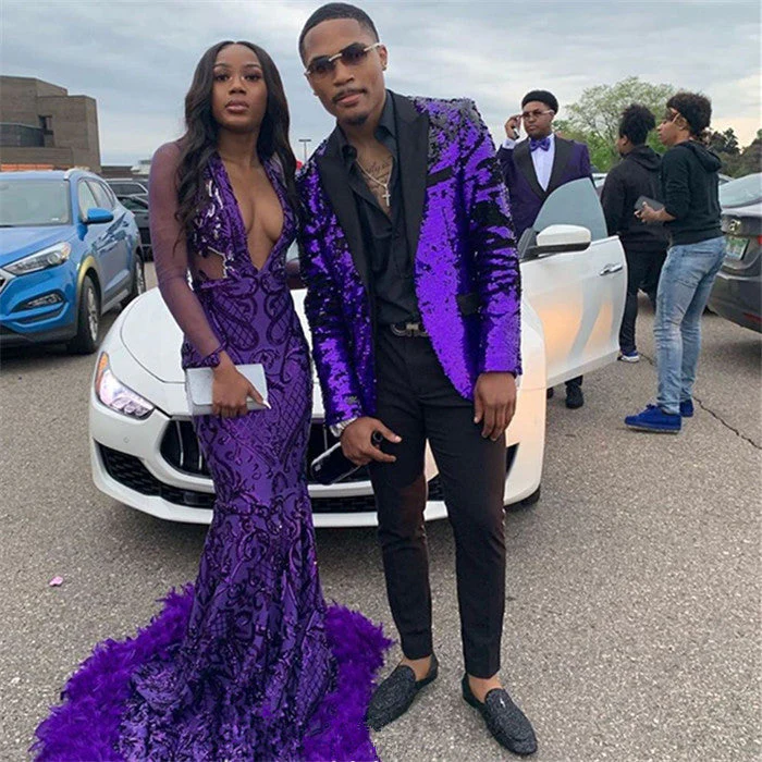 Classic Purple Sequined Men's Suit Two Piece Slim Fit Men's Prom Suits - Image 2