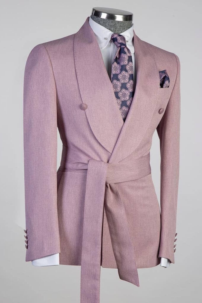 Stylish Rose Pink Shawl Lapel Business Suit with Sash for Prom - Image 2