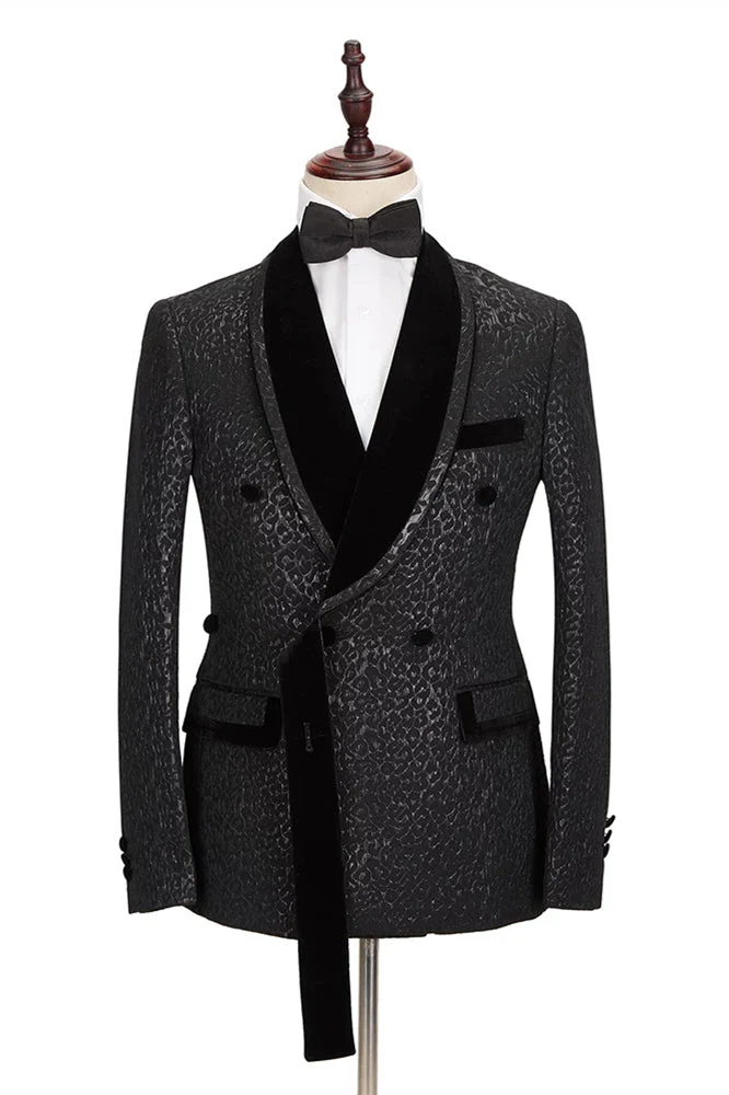 Classic Velvet Lapel Double Breasted Prom Suit Belt Leopard Black Jacquard Men's Suit for Wedding - Image 3