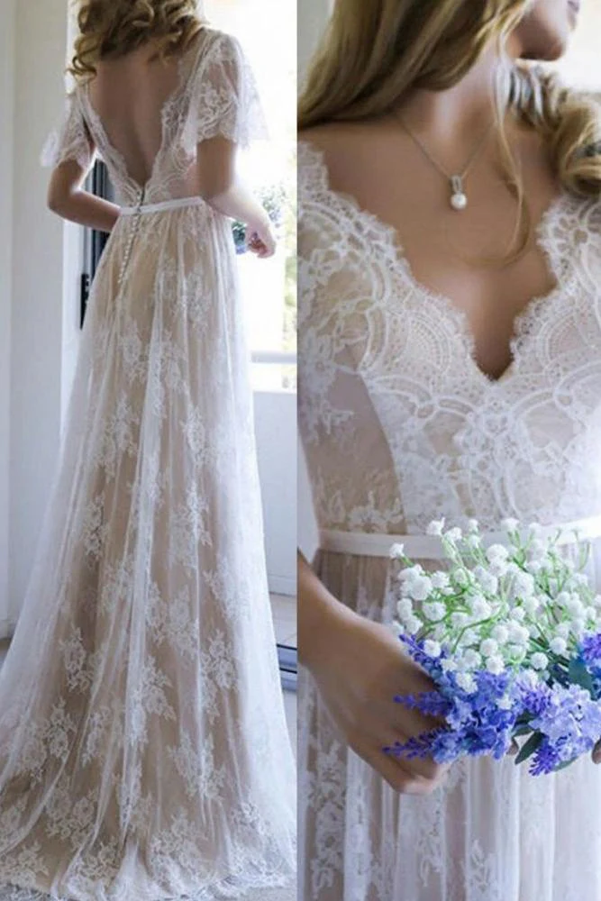 Summer Champange V neck Cap sleeveles Lace Beach Wedding Dress - Image 2