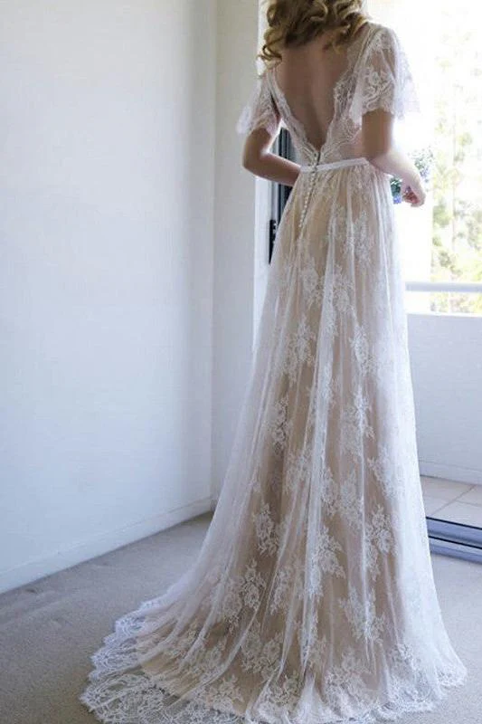 Summer Champange V neck Cap sleeveles Lace Beach Wedding Dress - Image 3