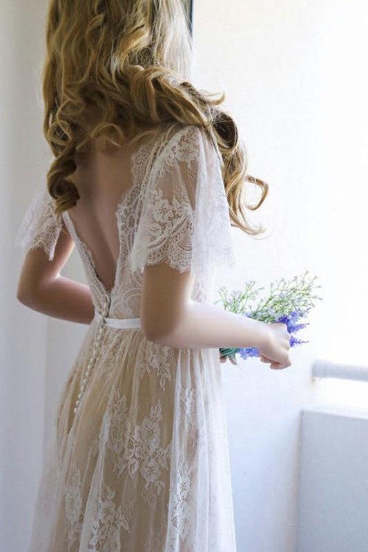 Summer Champange V neck Cap sleeveles Lace Beach Wedding Dress - Image 5
