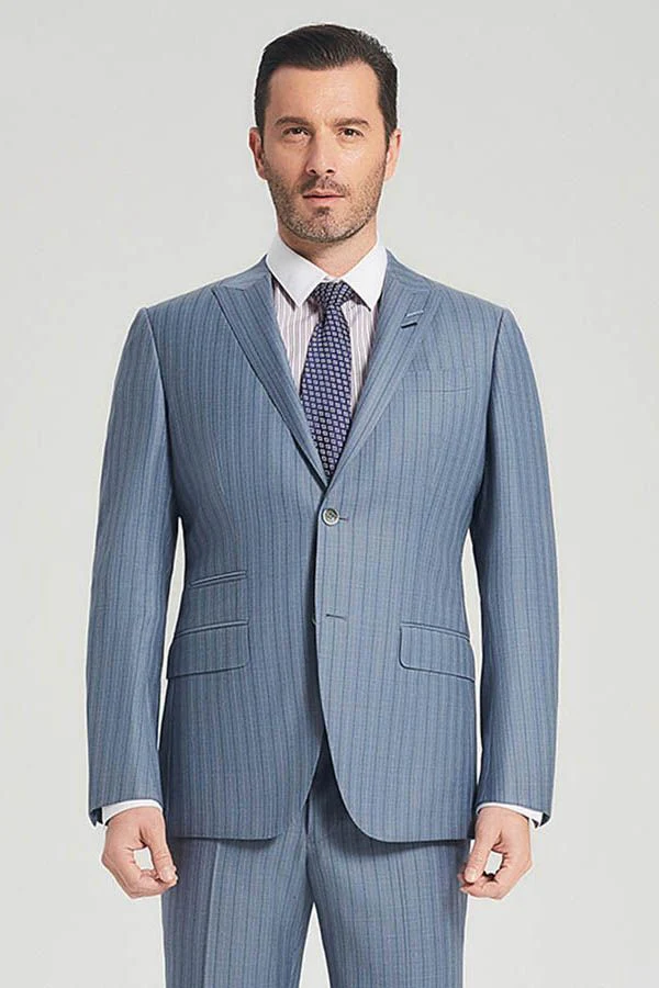 Superior Blue Stripes Light Blue Business Mens Suits - Image 2