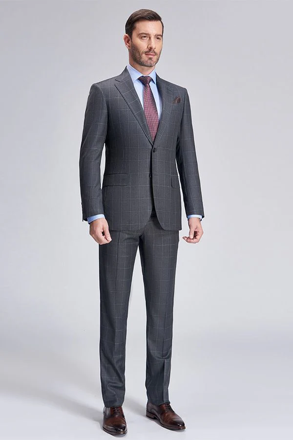 Superior Checked Notch Lapel Two Buttons Dark Grey Suits for Business Men - Image 2