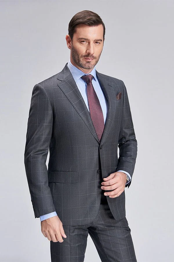 Superior Checked Notch Lapel Two Buttons Dark Grey Suits for Business Men - Image 7
