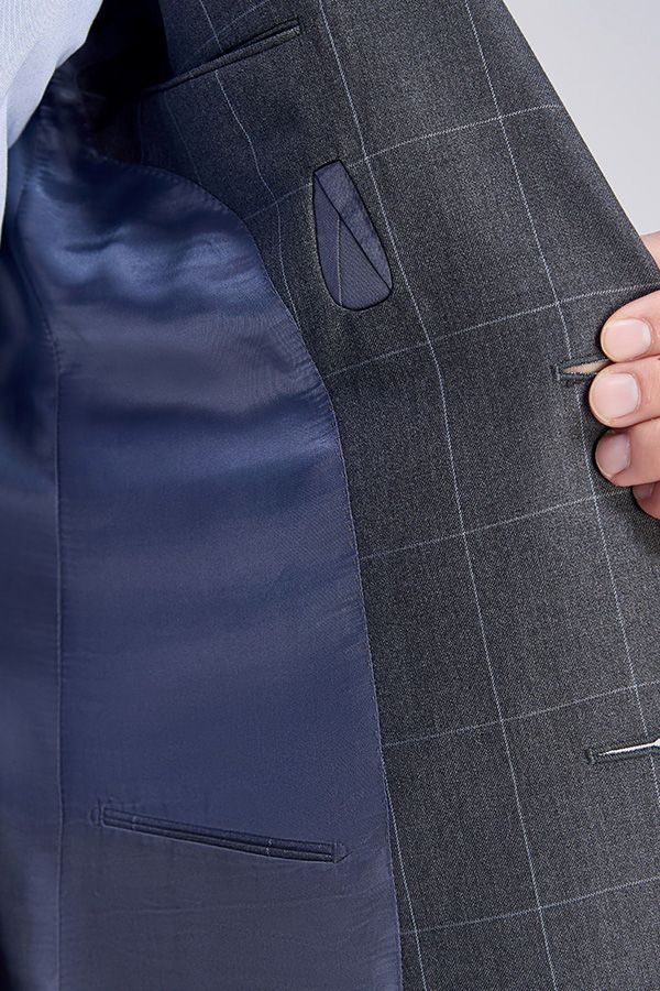 Superior Checked Notch Lapel Two Buttons Dark Grey Suits for Business Men - Image 9