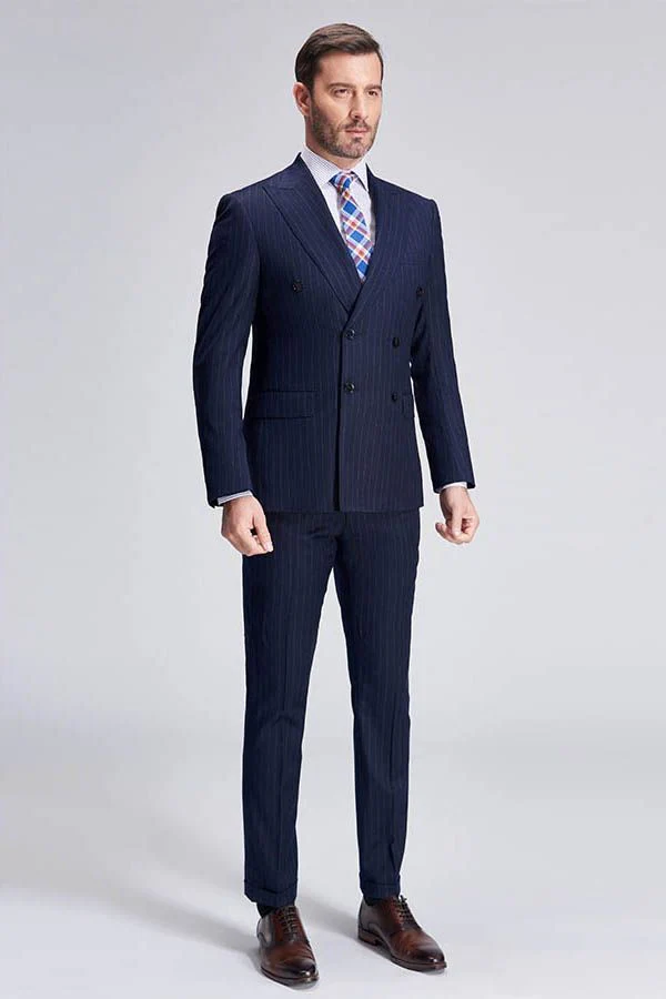 Superior Peak Lapel Double Breasted Mens Suits Pinstripe Dark Navy Suits for Men Formal - Image 2