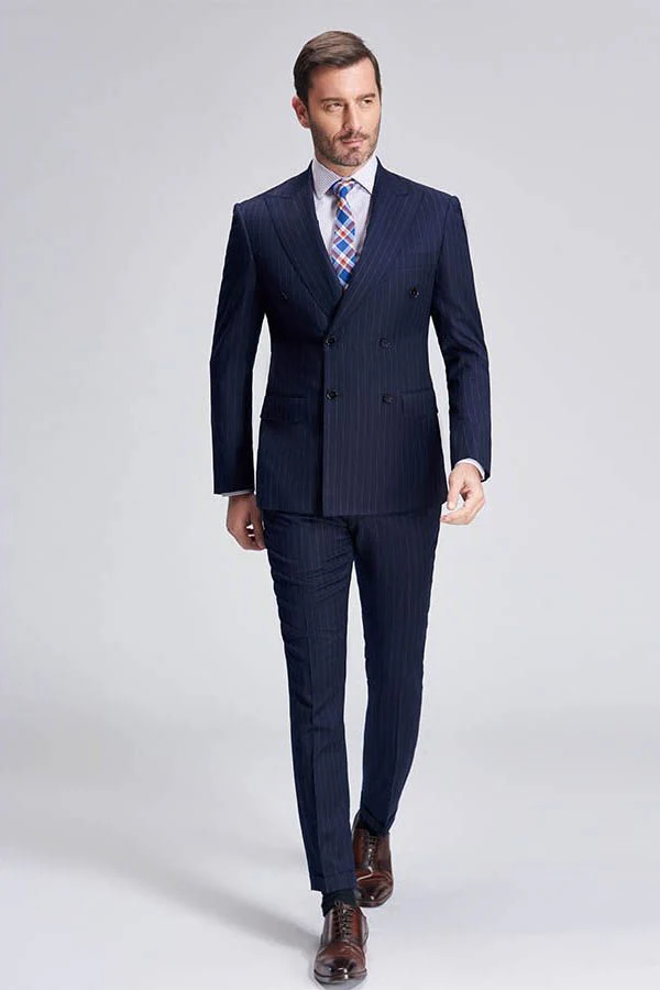 Superior Peak Lapel Double Breasted Mens Suits Pinstripe Dark Navy Suits for Men Formal - Image 3