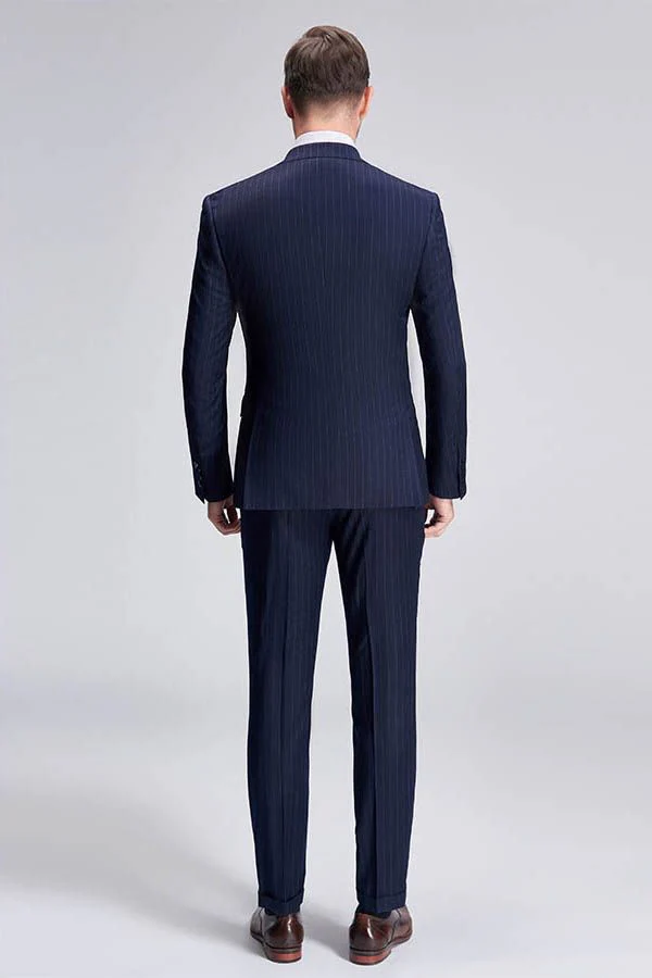 Superior Peak Lapel Double Breasted Mens Suits Pinstripe Dark Navy Suits for Men Formal - Image 4