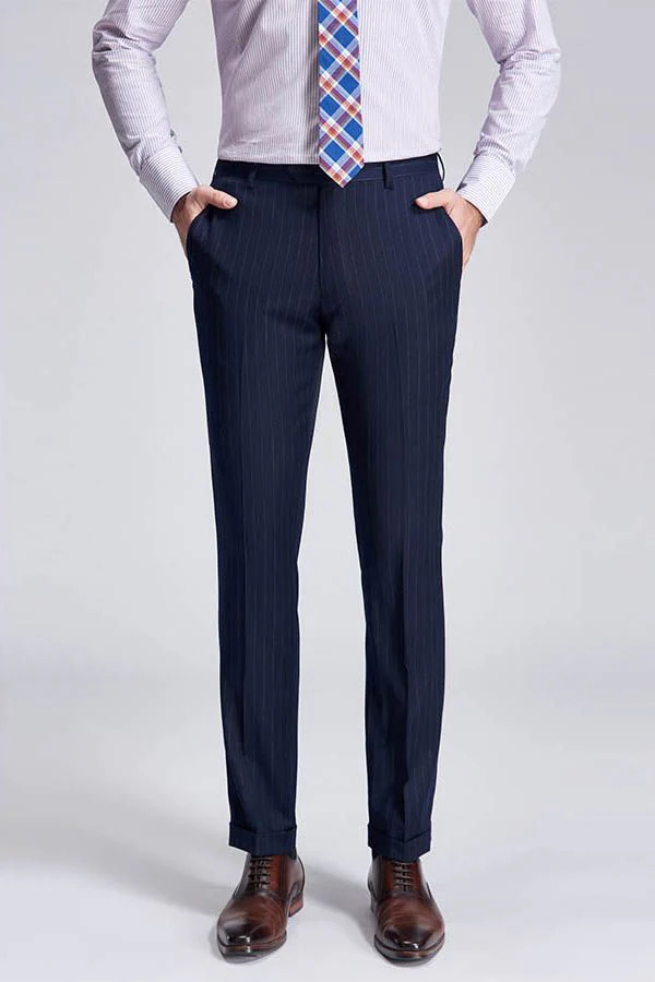 Superior Peak Lapel Double Breasted Mens Suits Pinstripe Dark Navy Suits for Men Formal - Image 5