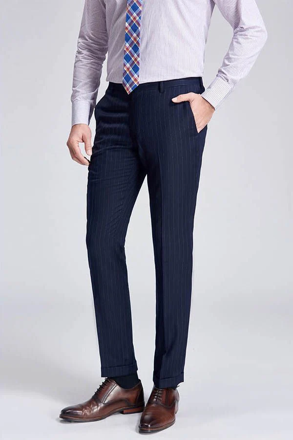 Superior Peak Lapel Double Breasted Mens Suits Pinstripe Dark Navy Suits for Men Formal - Image 6