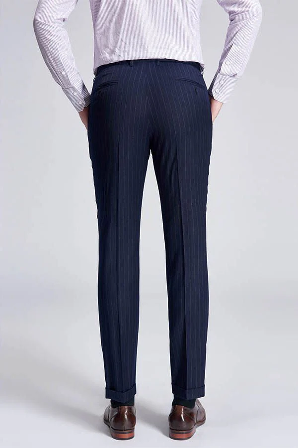 Superior Peak Lapel Double Breasted Mens Suits Pinstripe Dark Navy Suits for Men Formal - Image 7