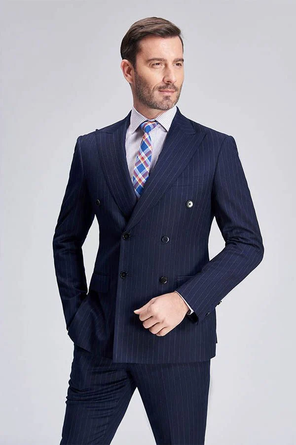 Superior Peak Lapel Double Breasted Mens Suits Pinstripe Dark Navy Suits for Men Formal - Image 8