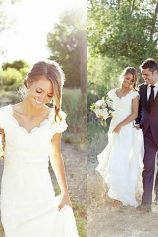 Sweep Train A Line Lace V neck Tulle Sleeveless Wedding Dresses - Image 2
