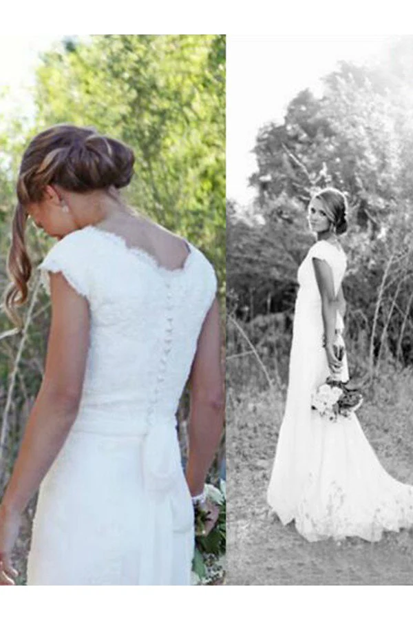 Sweep Train A Line Lace V neck Tulle Sleeveless Wedding Dresses - Image 3