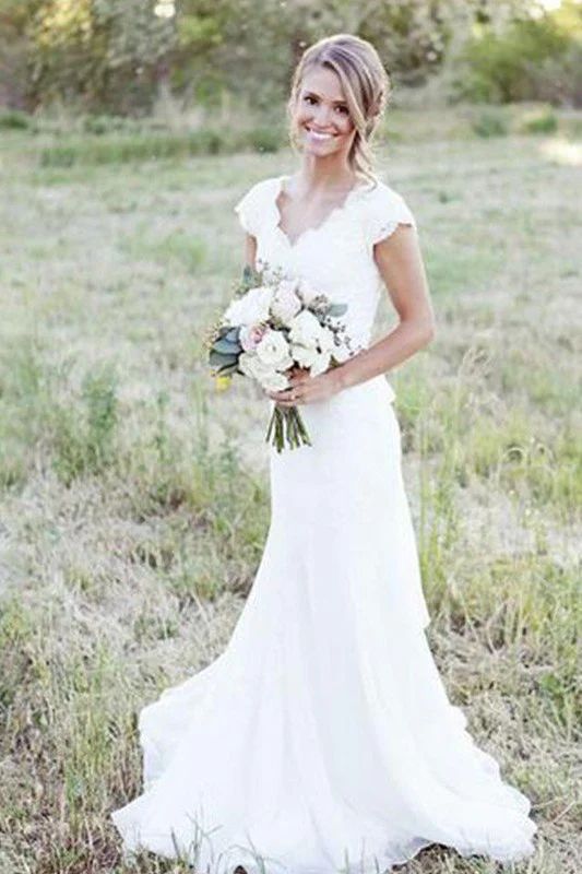 Sweep Train A Line Lace V neck Tulle Sleeveless Wedding Dresses - Image 4