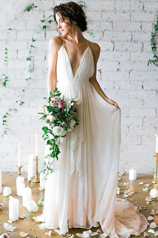 Sweep Train A Line Sleeveless Ruffless Chiffon Spaghetti Straps Wedding Dresses - Image 2