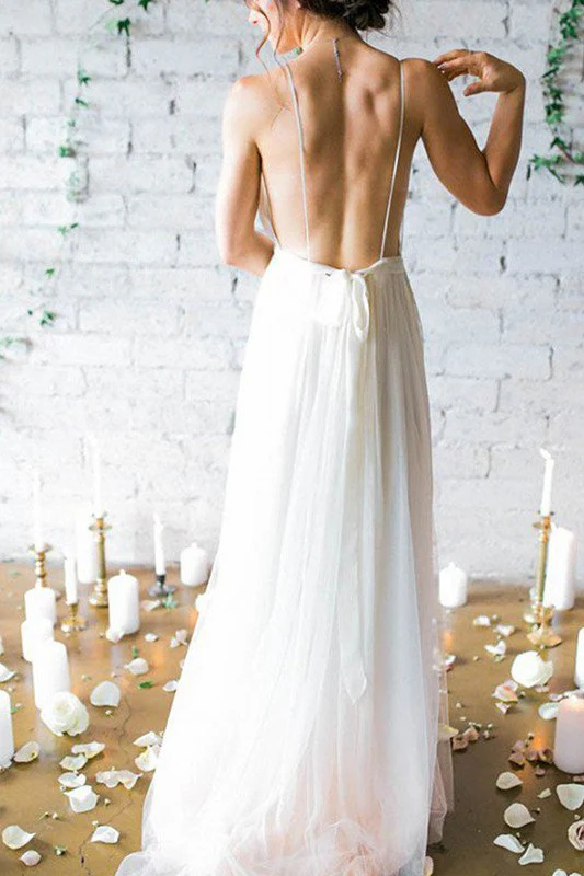 Sweep Train A Line Sleeveless Ruffless Chiffon Spaghetti Straps Wedding Dresses - Image 3
